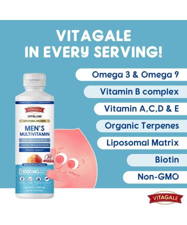 oppuland - Men's Multivitamin - Liquid Supplement - Liposomal Delivery - Daily Multi Vitamin with Biotin B Complex Omega-3 - Hair & Nail Support Vitamin - Peach Flavor - 3000 mg per Serving - 450 mL - Buy Online on GoSupps.com
