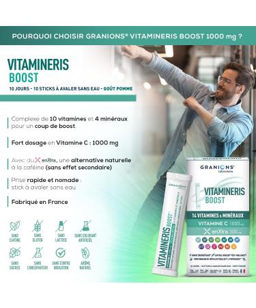 GRANIONS - Vitamineris BOOST - Multivitamins - Vitamin Vitamin C Vitamin B12 - Made in France - 10 vitamins 4 minerals and a plant extract - 10 sticks Waterless - Apple taste - Buy Online on GoSupps.com