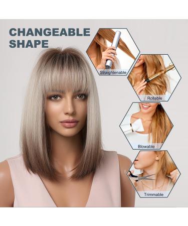 Esmee Short Straight Brown Blonde Ombre Bob Wig for Women - 14 Inch Synthetic Cosplay Wig with Fringe, Heat Resistant & Natural Hair Look - Dark Roots & Gray Highlights - Buy Online on GoSupps.com