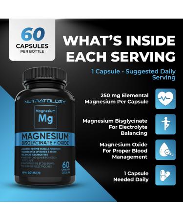 Magnesium Bisglycinate + Oxide - Relaxes Muscles Improves Sleep Quality Maintains Proper Muscle Functions Balances Electrolyte Levels Enhances Bone Density - 60 Capsules - 250MG Per Capsule 60 count (Pack of 1) - Buy Online on GoSupps.com