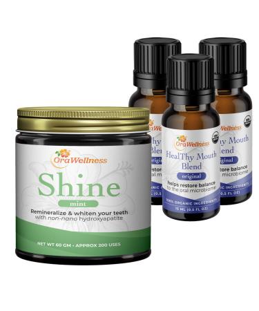 OraWellness Shine Remineralizing Natural Teeth Whitening Powder in Mint + Healthy Mouth Blend Organic Toothpaste & Mouthwash Alternative Tooth Oil Pack of 3