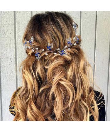 Flatser Blue Crystal Wedding Hair Vine - Silver Pearl Rhinestone Bridal Headpiece for Women - Buy Online on GoSupps.com