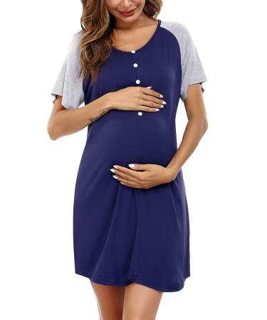 Uniexcosm Women's Maternity Nightdress Button Breastfeeding Nightwear Soft Nursing Nightgown for Pregnancy Short Sleeve Maternity Pyjamas Loungewear Navy Blue L - Buy Online on GoSupps.com