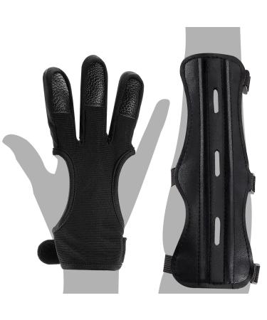 MARRTEUM 2 Pcs Archery Glove & Arm Guard Kit Leather PU Archery Bracer Three Finger Guard Protective Gear Accessories for Men Women & Youth