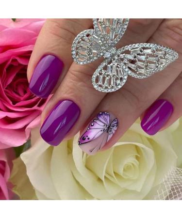 JUSTOTRY 24 Pcs Square False Nails Short with Purple Butterfly Violet French Press on Nails Pattern Fake Nails Short with Nail Glue Stick on Nails for Women Squoval Nails Fake Nail for Nails Art Violet& Butterfly1