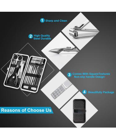 18 Piece Professional Stainless Steel Manicure Set with Travel Case - Nail Clippers, Pedicure Kit, Grooming Tools for Nail Care - Black - Buy Online on GoSupps.com