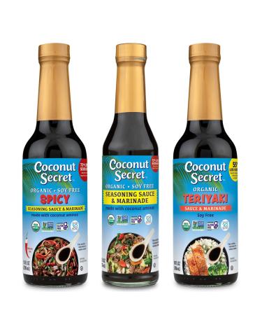 Coconut Secret Coconut Aminos 3 Pack (Spicy 10 Fl. Oz., Teriyaki 10 Fl. Oz., & Organic 8 Fl. Oz.)