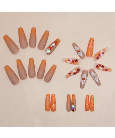 Coffin Press on Nails - Long Orange Glitter Acrylic Nails with Maple Leaves & Diamond Charms | 24Pcs Fall False Nails for Women - Buy Online on GoSupps.com