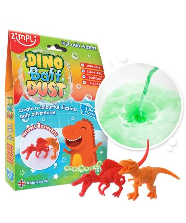 Dino Baff Dust 2 Bath Pack and 2 x Dinosaur Figures from Zimpli Kids Magical Bubble Bath Bomb Soak Powder for Children Bubble Spa Bath Gift for Kids Dinosaur Gifts for Boys Bath Toy Non-Toxic Dino Baff Dust with figures