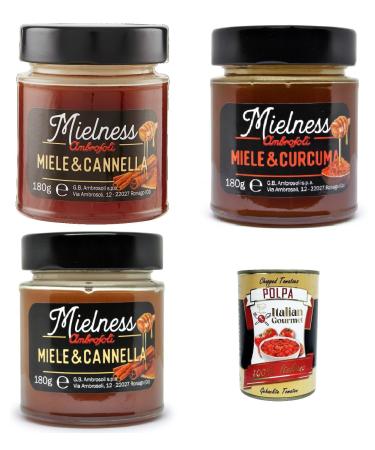 Ambrosoli Mielnsess Miele e Zenzero Test Kit Turmeric and Cannella Honey and Ginger Turmeric and Cinnamon 3 x 180 g + Gourmet Italian Polpa 400 g