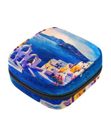 Menstruation pad bag with zipper women's napkin bag tampons collection bags for women and girls (Greece-Island-Art oil painting)