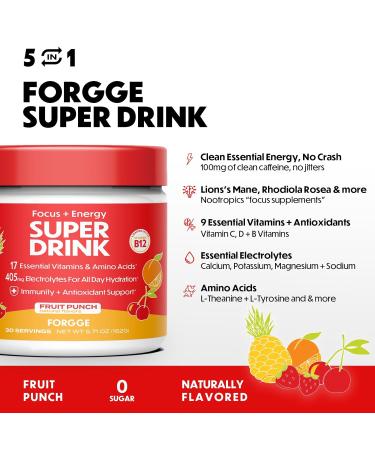Forgge Healthy Energy Drink Powder Mix - Clean Caffeine + B12 B6 C & D Vitamins - Sugar Free Energy Drink Powder with Electrolytes Amino Acids Antioxidants Lions Mane - Vegan Keto-Friendly - 30 SVG Fruit Punch - Buy Online on GoSupps.com