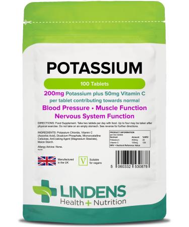 Lindens Potassium 200mg Tablets with 50mg Vitamin C - 100 Tablets - Contributes to Normal Blood Pressure Muscle Function and Nervous System Function - UK Manufacturer Letterbox Friendly 100 Count (Pack of 1) - Buy Online on GoSupps.com