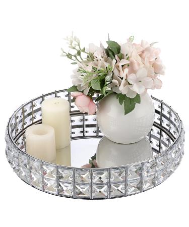 Hipiwe Mirrored Crystal Vanity Makeup Tray - 11.8" Sparkly Bling Jewelry Trinket Display Tray Decorative Makeup Tray Cosmetic Perfume Organizer Tray for Dresser Bathroom Home Decor,Large Silver Large