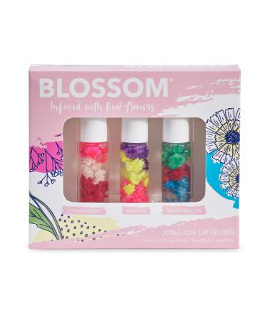 Blossom Scented Roll on Lip Gloss, Infused with Real Flowers, Made in USA, 0.3 fl. oz./9ml, 3 pack Mini Gift Set, Strawberry, Watermelon, Mango Strawberry/Watermelon/Mango