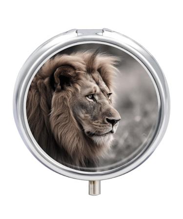 Pill Box Pill Case 3 Compartment Travel Pill Box Wildlife Lion Printing Small Pill Box Portable Medicine Pill Case Pill Organizer for Purse & Pocket for Travel Handbag (Round)