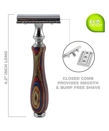 Long Wood Handle Safety Razor - Double Edge Manual Razor for Men & Women | 6 Piece Set with 5 Blades - 4.2 Inch Multi-Color Design | International Shipping Available - Buy Online on GoSupps.com