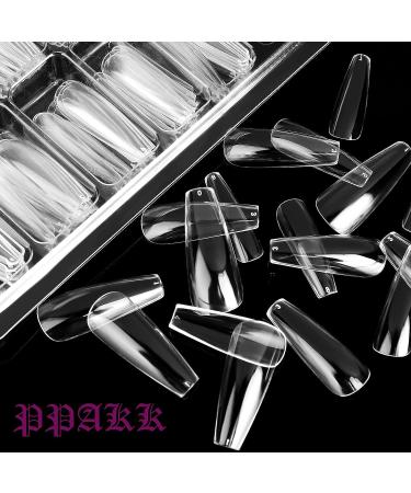 PPAKK 100pcs Long Coffin Fake Nail Tips - Clear Full Cover Acrylic Ballerina Nails | Nail Salon/DIY Nail Art - 10 Sizes - Buy Online on GoSupps.com
