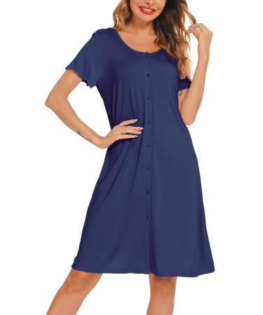 Lovasy Women's Nightdresses&Nightshirts Soft Nighties for Women Maternity nightdress Ladies Button Down Nightdress Nighties Nursing Labour Night Dress with Pockets Navy Blue M