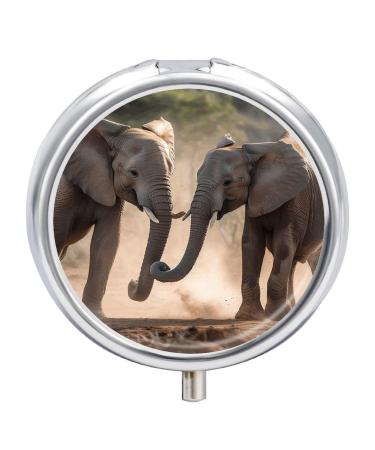 Pill Box Pill Case 3 Compartment Travel Pill Box Two Elephants Playing Printing Small Pill Box Portable Medicine Pill Case Pill Organizer for Purse & Pocket for Travel Handbag (Round)