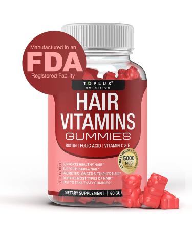 Hair Vitamins Gummies Supplement  Faster Hair Growth Gummy 5000mcg Biotin Folic Acid Vitamin C & E Support Stronger & Thicker Hair Skin Nails Non-GMO for Men Women 60 Berry Flavored Gummies One
