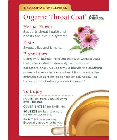 Traditional Medicinals Organic Throat Coat Lemon Echinacea Seasonal Tea 16 Tea Bags (Pack of 1) Coat 16 Count (Pack of 1) - Buy Online on GoSupps.com