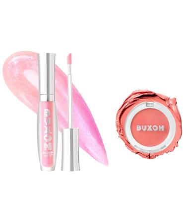 Buxom Plump Shot Collagen-Infused Lip Serum in Spellbound Pink Multichrome + Plump Shot Collagen Peptides Plumping Cream Blush Cream-to-Powder Blush in shade Coral Sheer