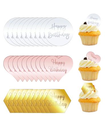 30 PCS Mirror Acrylic Cupcake Topper Gold Hexagon Silver Round and Rose Gold Heart Happy Birthday Cake Toppers Birthday Party DIY Dessert Cup Cupcake Decoration