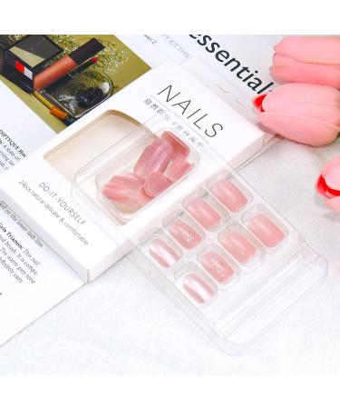 24Pcs Short Square Fake Nails Pink White Glitter Full Cover Glossy Stick on Nails for Women - Style 5 - Buy Online on GoSupps.com