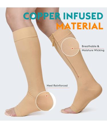 Zipper Copper Compression Socks Open Toe - 20-30 mmHg Knee High Stockings for Circulation Varicose Veins & Recovery - XX-Large Beige - Buy Online on GoSupps.com