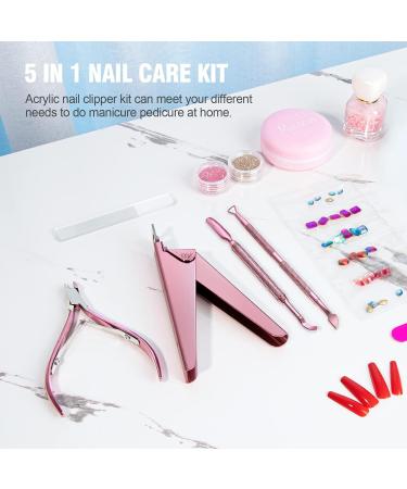 Acrylic Nail Clipper 5 in 1 Kit with Glass File, Cuticle Trimmer, Nipper & Pusher - Professional Manicure Pedicure Set for Gel Polish Removal - Christmas Gift (Pink) - Buy Online on GoSupps.com