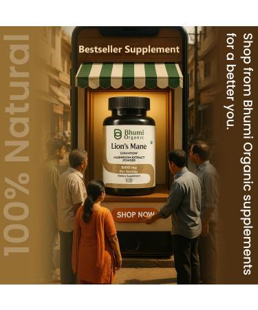 Bhumi Organic Lions Mane Mushroom Cognition (60 Capsules) Lions Mane Mushroom Powder Extract Capsules | Brain Supplement Brain Vitamins Focus Supplement - Buy Online on GoSupps.com