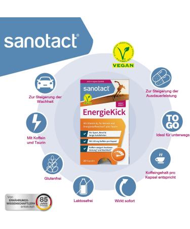 Sanotact Energy Kick - 20 Vegan Energy Capsules | Caffeine Taurine & Vitamin B2 Booster for Fatigue Relief - Buy Online on GoSupps.com