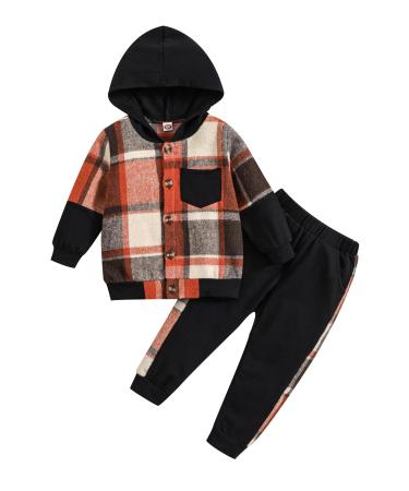 Qiraoxy Toddler Baby Boy Clothes Long Sleeve Tops Plaid Button Hoodie Thick Sweatshirt Jacket Sweatpants Outfit Set Kids Boy Fall Winter Warm Outfits Set 4-5 Years Brown