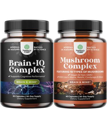 Bundle of Nootropic Memory Supplement with Vitamin B 12 Bacopa Monnieri Rhodiola Rosea DMAE Ginkgo Biloba and Mushroom Complex 10X Lions Mane with Reishi Chaga Maitake Shiitake for Brain Support