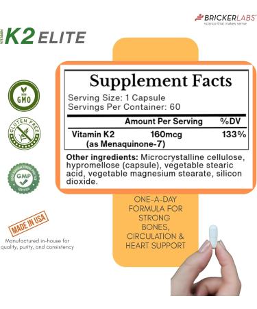 Bricker Labs K2 Elite Vitamin K2 MK-7 Supplement 160mcg Supports Bone & Heart Health Calcium Absorption & Circulation Non-GMO 60 Capsules - Buy Online on GoSupps.com