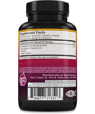 Betel Natural NAD Reforzado with Resveratrol Hyaluronic Acid Collagen 450mg 90 Vegetable Capsules - Buy Online on GoSupps.com