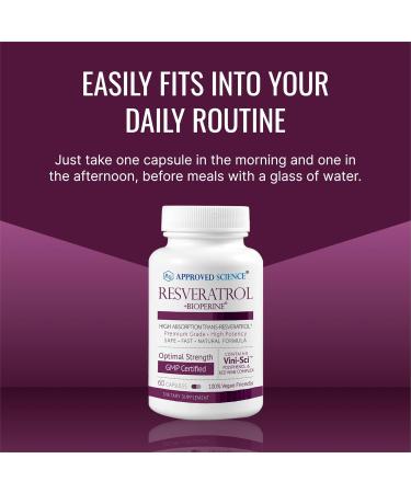 Approved Science Resveratrol - 1000 mg of Trans Resveratrol - 250 mg of Polyphenol - 98% Purity Level - Includes Bioperine - 180 Vegan Friendly Capsules per Bottle- 1 Bottle - Buy Online on GoSupps.com
