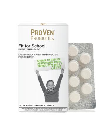 Pro-Ven Fit for School Kids Probiotic Chewable Tablets | 12.5 Billion CFUs with Vitamin C & D for Ages 4-16 | Natural Strawberry Flavor | Vegetarian Gluten & Lactose Free | 30 Daily Tablets