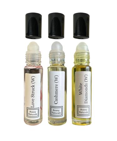 Avany Set of 3 Women Type Fragrance Oil - Love Struck Cashmere White Diamond - Womens Roll On Body Oil Alcohol Free & Concentrated Perfume Rollerball Fragrance Gift For Her