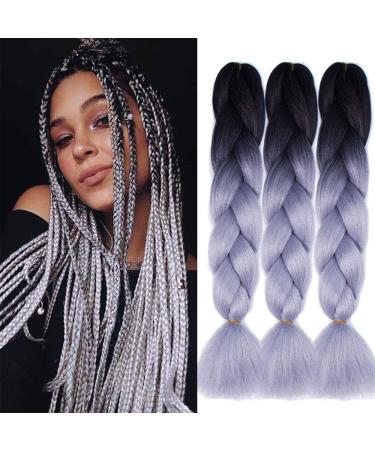 Braiding Hair Kanekalon 3 Packs Ombre Jumbo 24 Inch Professional Hair Extension For Women Crochet Twist Braids Synthetic Hair (Black -Gray) 24 Inch (Pack of 3) DB- black -grey