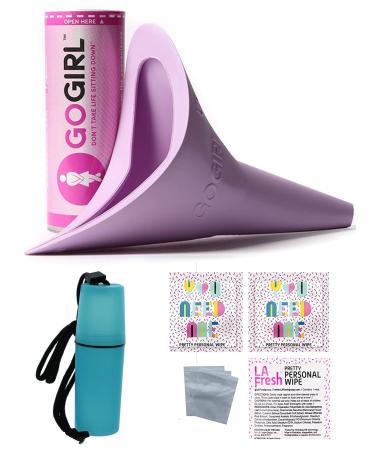 GoGirl Female Urination Device, Lavender & Waterproof for Spills & Splashes Tote Holder. LA Fresh Feminine Natural Wipes & Extra Zip Baggies 5 Tote Color Choices (Blue Tote)