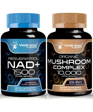 WELLNESS LABSRX NAD Supplement 1500mg - Liposomal NAD+ Supplement with Resveratrol | Organic Mushroom Supplement Capsules - 10000mg - 25 in 1 Mushroom Complex Capsules