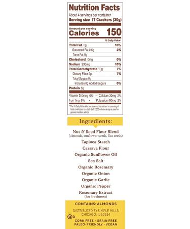 Simple Mills Almond Flour Crackers - Rosemary & Sea Salt | Gluten-Free, Low-Calorie Snack, 4.25 oz - Buy Online on GoSupps.com