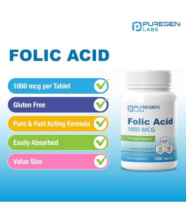 Puregen Labs Folic Acid 1000 mcg Tablets | Vitamin B9 | Non-GMO | Gluten Free | Value Size 1000 Tablets - Buy Online on GoSupps.com