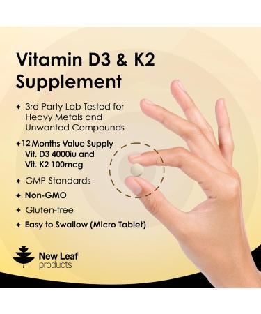 Vitamin D3 K2 - 4000iu & 100ug (MK7) 1 Year Supply for Immunity & Bone Health | Non-GMO Vegetarian Tablets | UK Made by New Leaf 365 - Buy Online on GoSupps.com