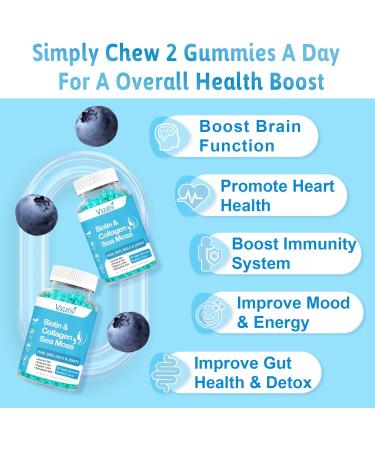 Biotin Gummies 15000mcg with Collagen, Sea Moss, Chlorophyll & Keratin - 2 Pack for Hair, Skin, Nails & Joints - Vegan Blueberry Flavored - 60 Count x 2 - Buy Online on GoSupps.com