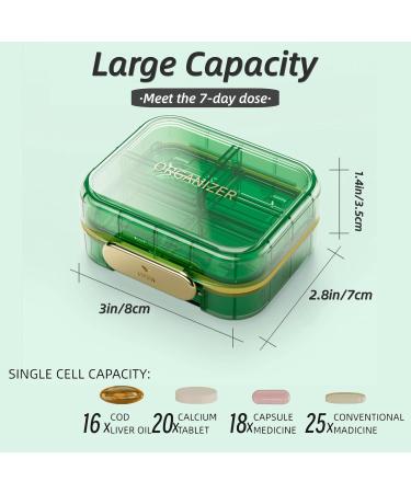 Weekly Pill Organizer - 7 Compartment Portable Moisture-Proof Travel Case for Vitamins Supplements & Medication - Green - Buy Online on GoSupps.com