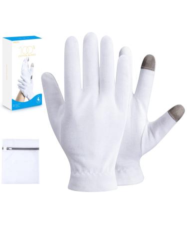 MNOPQ 100% Cotton Moisturizing Gloves 4 Pairs Large, White Cotton Gloves Overnight Bedtime for Moisturizing Hands, Eczema | Touch Screen, Wristband and Washing Bag Large (4 Pairs)