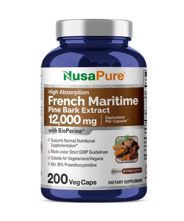 NusaPure French Maritime Pine Bark Extract 12 000 mg Per Veggie Caps 200-Day Supply Bioperine (Non-GMO & Gluten Free)